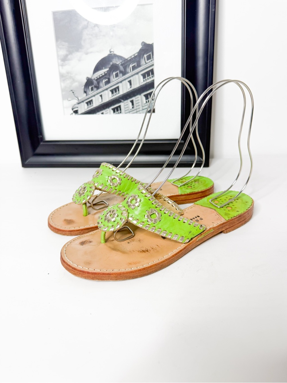 Palm Beach Sandals Women's Green & Silver Leather Thong Sandals Size 9